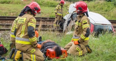 Rozpędzona Toyota wpadła na torowisko. Kierowca nietrzeźwy, pasażer w szpitalu Rozpędzona Toyota wpadła na torowisko. Kierowca nietrzeźwy, pasażer w szpitalu